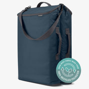 Blue laundry backpack with a label indicating 100% recycled polyester on a white background