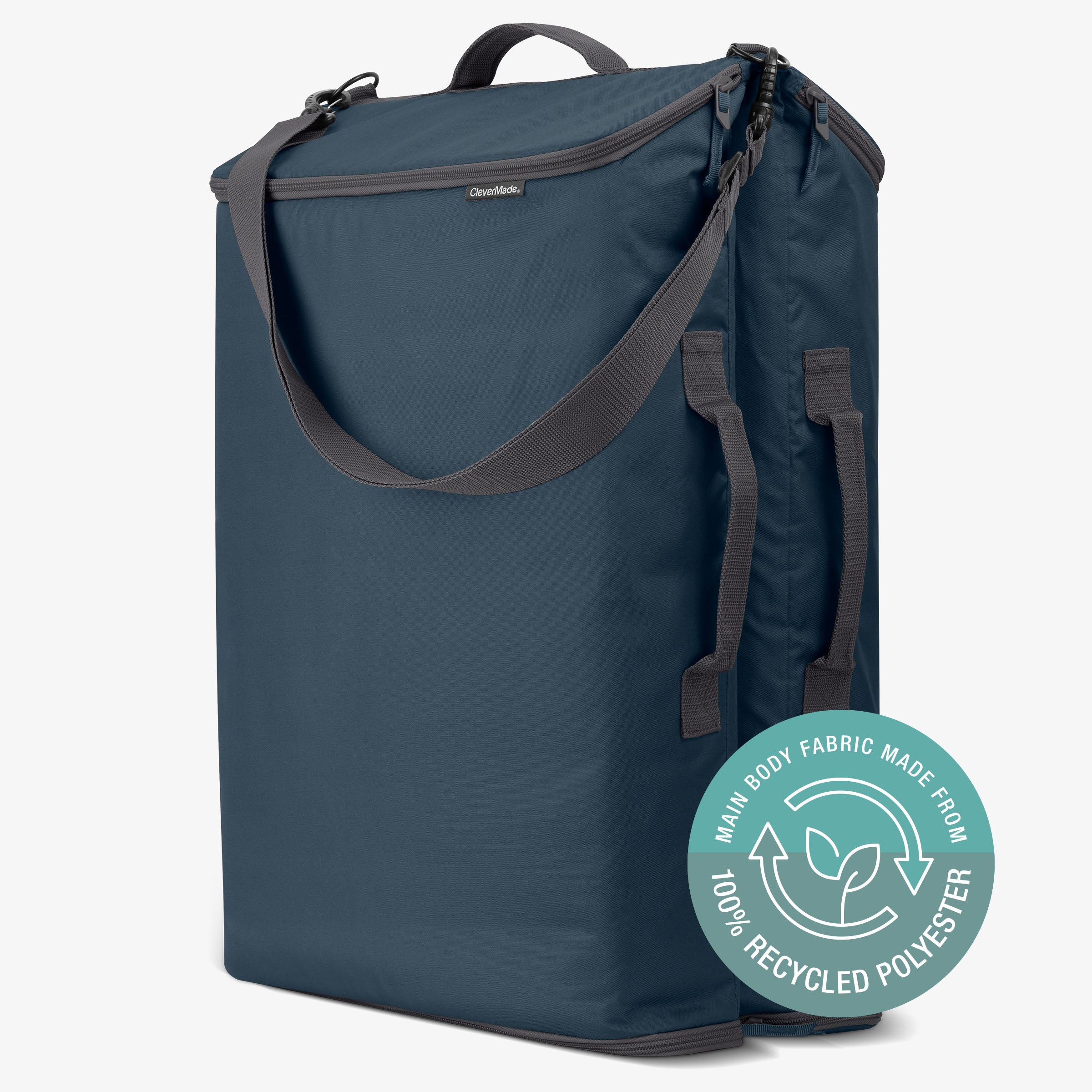 Blue laundry backpack with a label indicating 100% recycled polyester on a white background