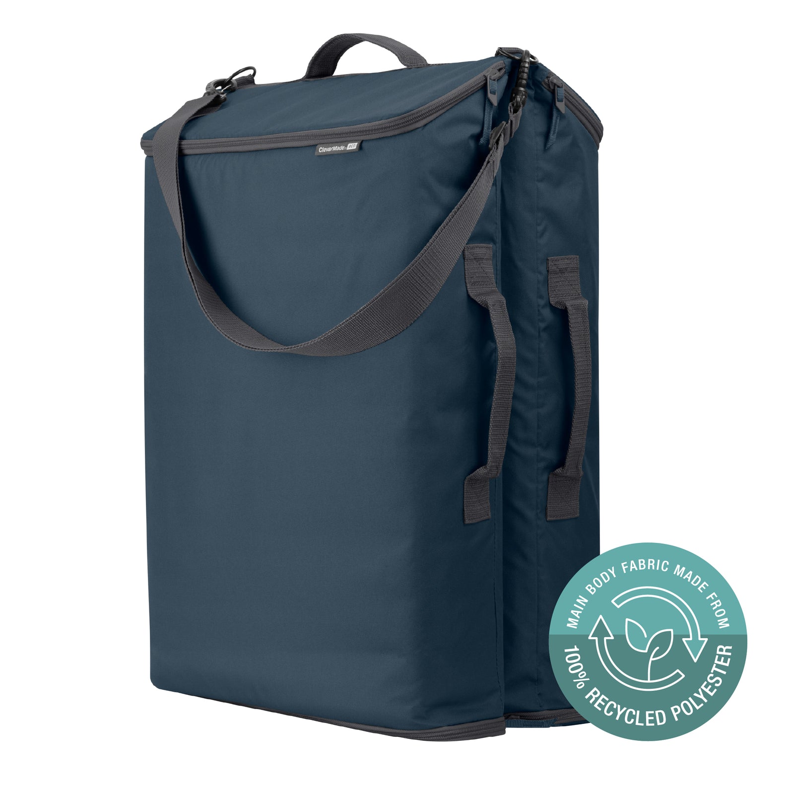 Folded blue Convertible Laundry Hamper with a shoulder strap and a grab handle.