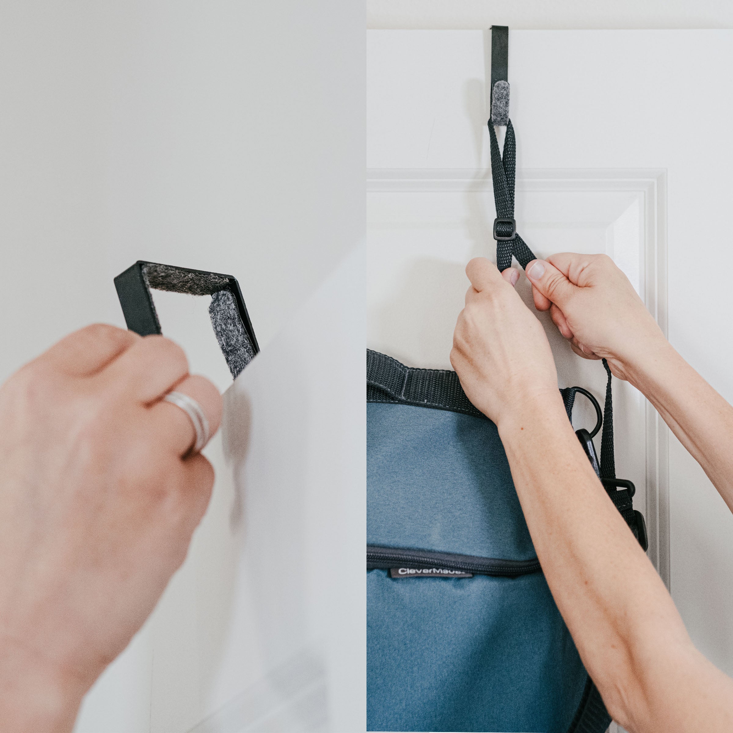 Person adjusting a blue laundry bag with a visible brand logo on a white door.