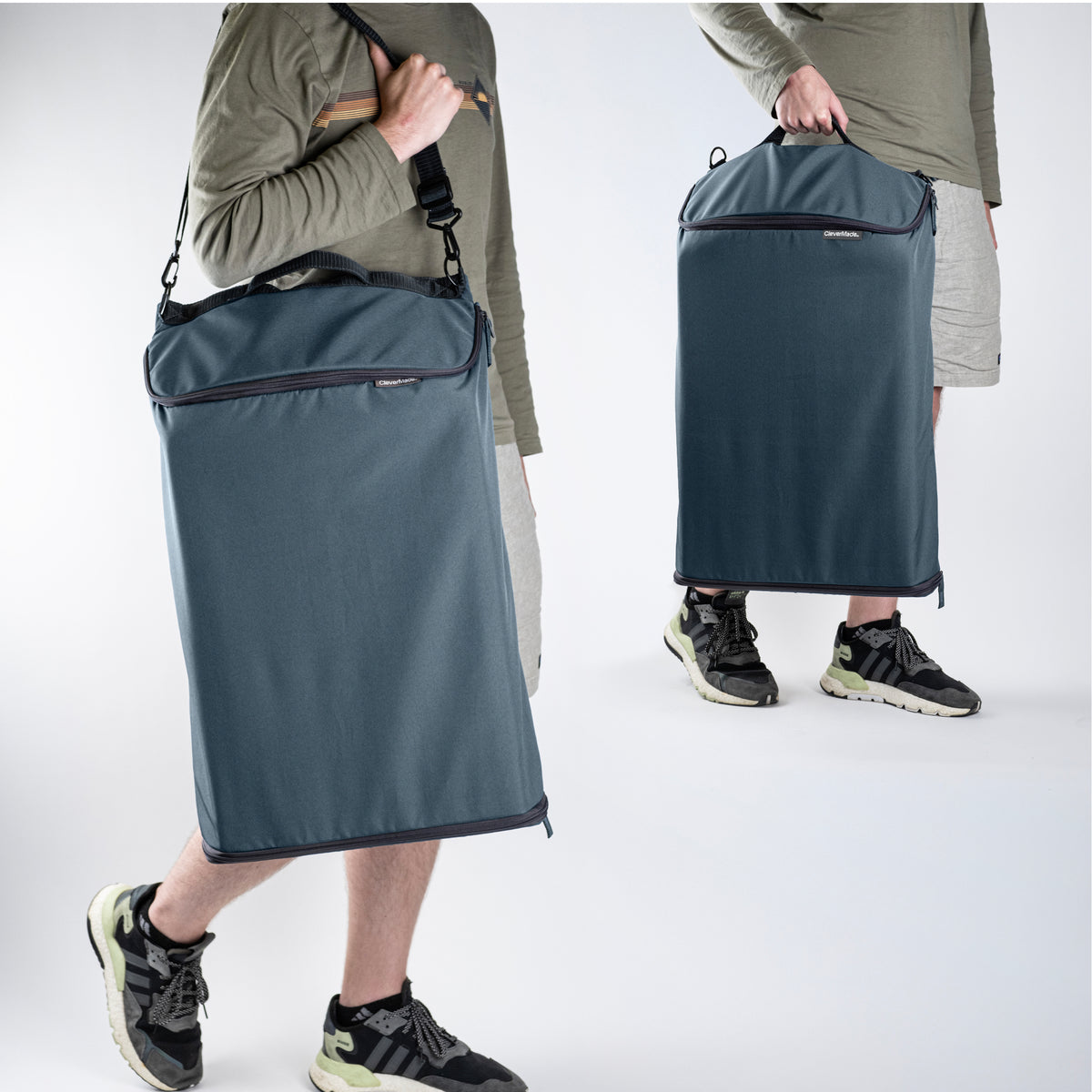 Person carrying the Blue Over the Door Laundry Hamper on his shoulder and by his hand