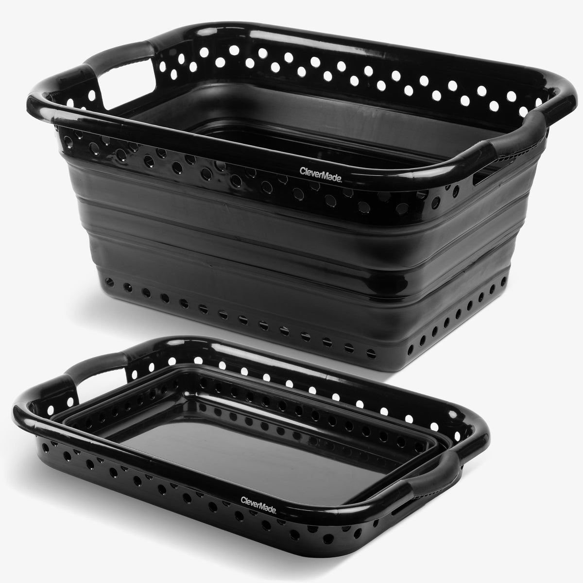 2 Black collapsible plastic laundry basket with 'CleverMade' branding on a white background