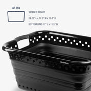 Black tapered basket with dimensions and weight information on a white background
