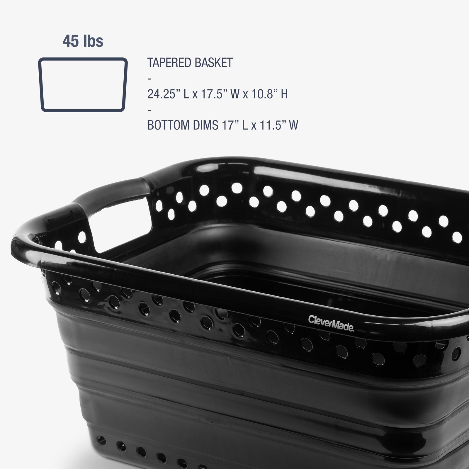 Black tapered basket with dimensions and weight information on a white background