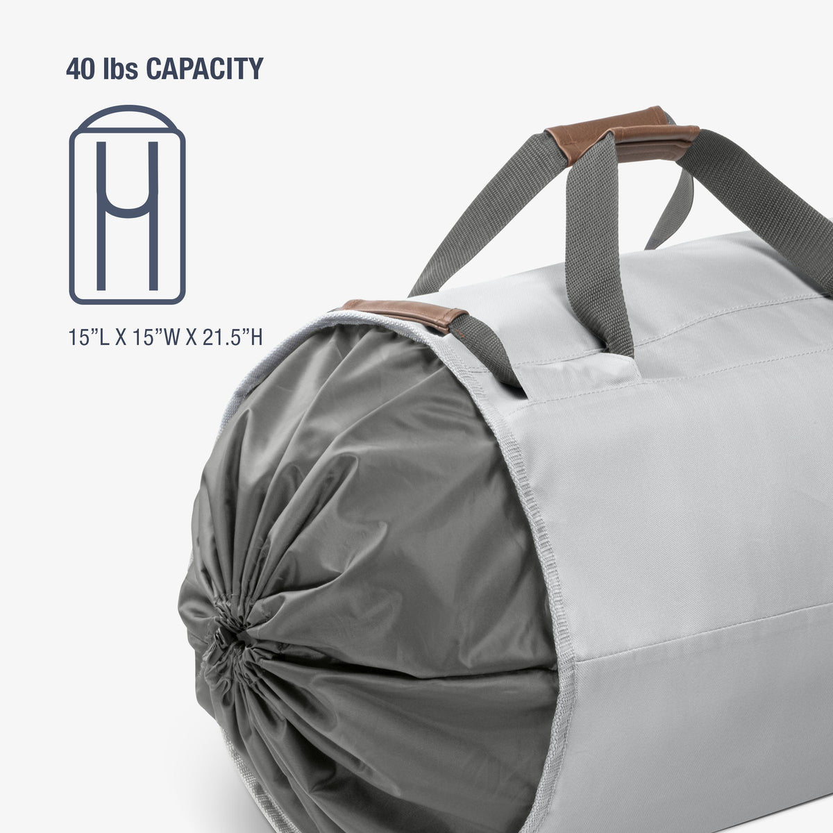 Gray laundry backpack duffel bag 
with white drawstring and brown handles on a white background