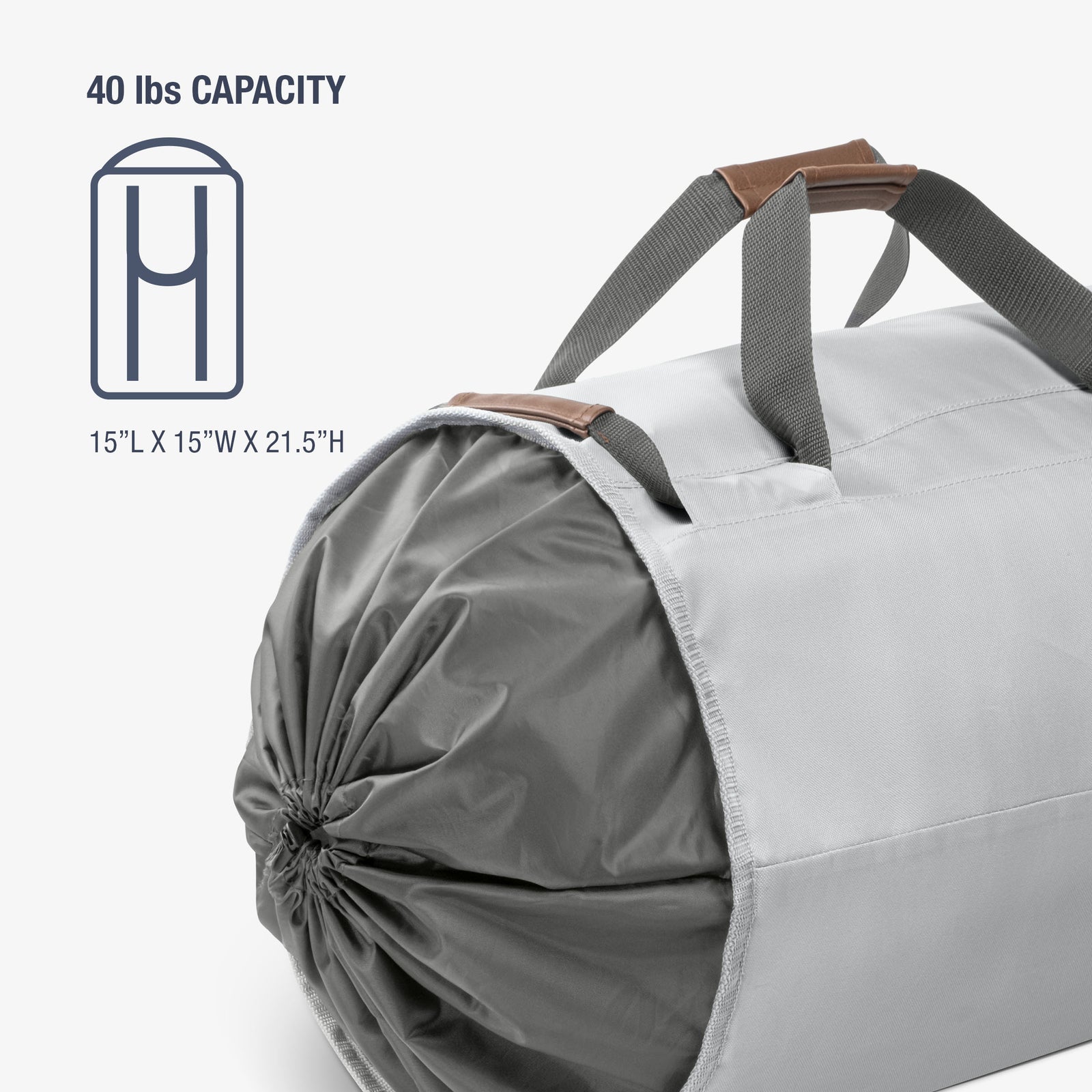 Gray laundry backpack duffel bag 
with white drawstring and brown handles on a white background