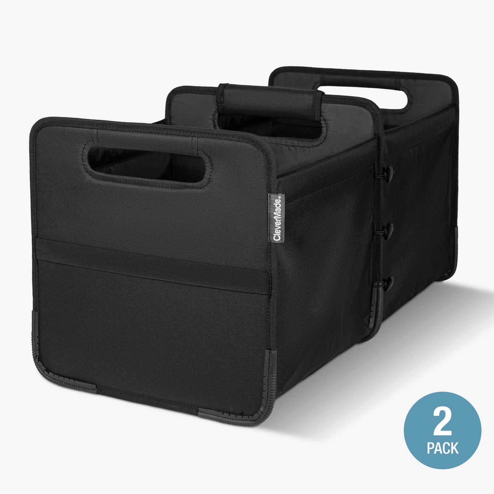Black car trunk caddy with a visible CleverMade brand logo on a white background