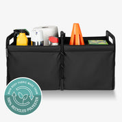 Black car trunk organizer made of 100% recycled polyester with various items on a white background