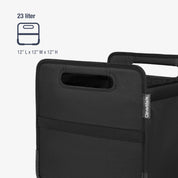 Black folding trunk caddy with dimensions and volume information on a white background