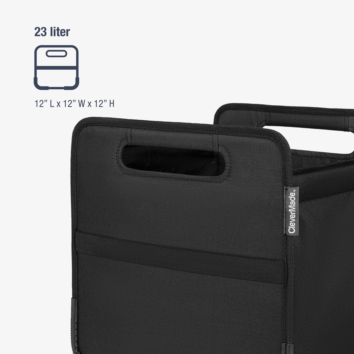 Black folding trunk caddy with dimensions and volume information on a white background