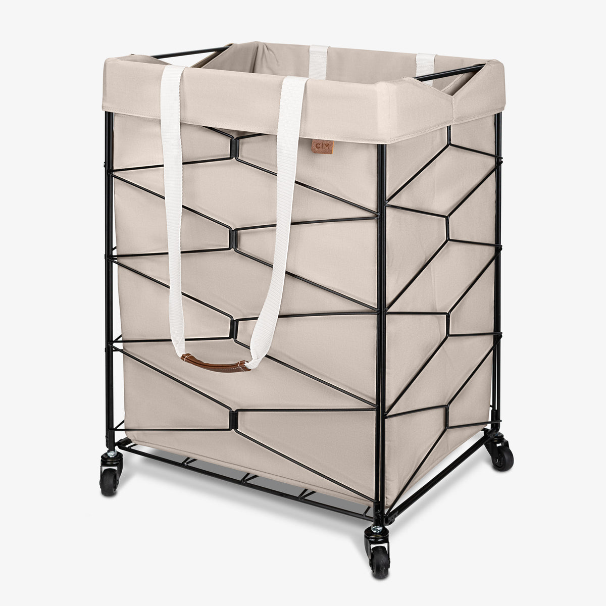 Cream laundry basket with geometric design and wheels on a white background