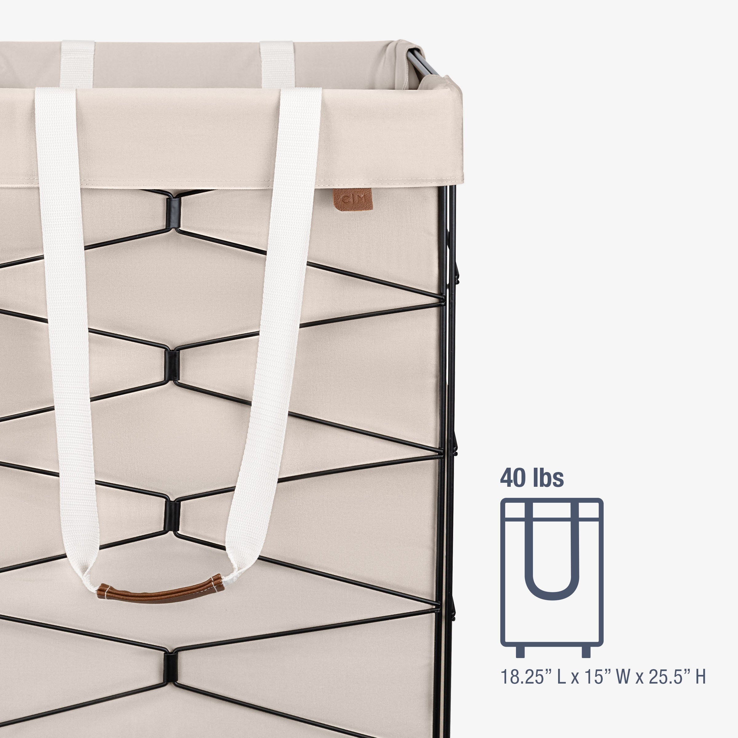 Cream storage bin with handles and dimensions displayed on a white background
