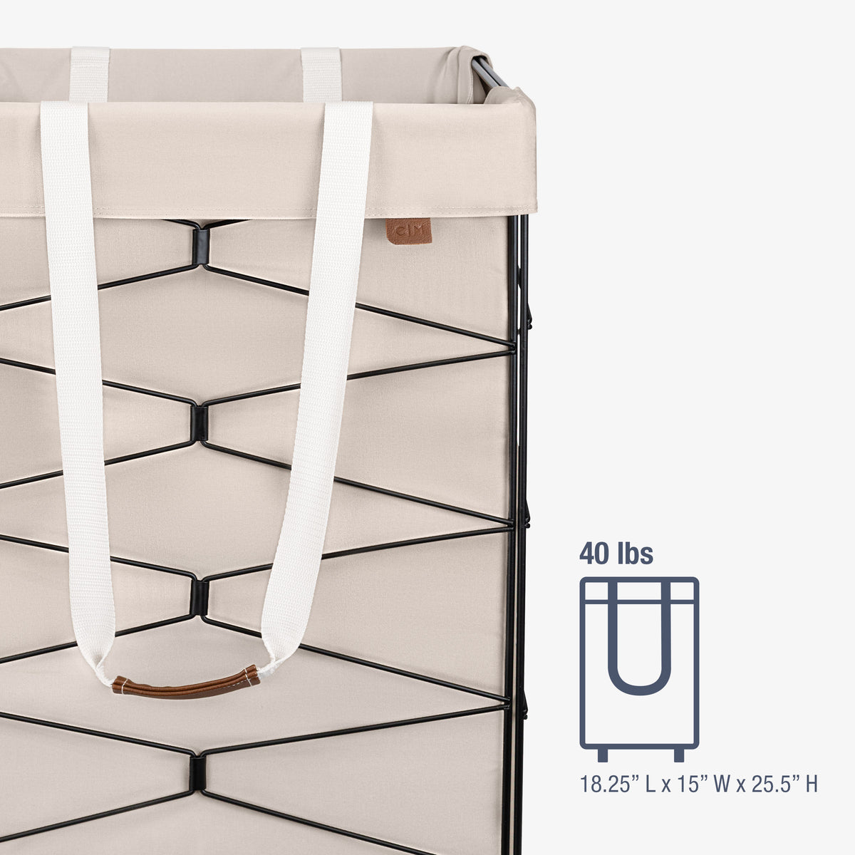 Cream storage bin with handles and dimensions displayed on a white background