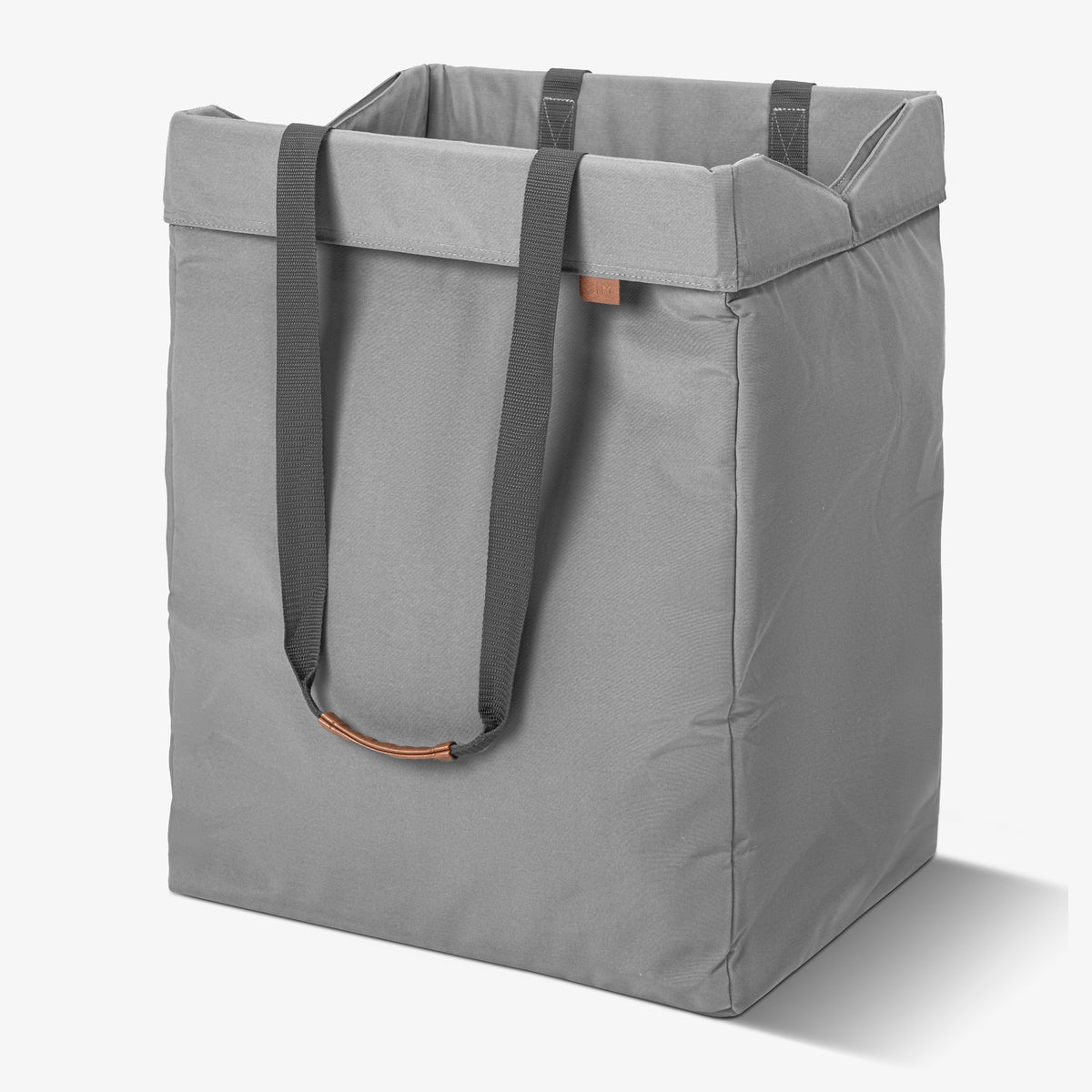 Gray tote bag with handles on a white background