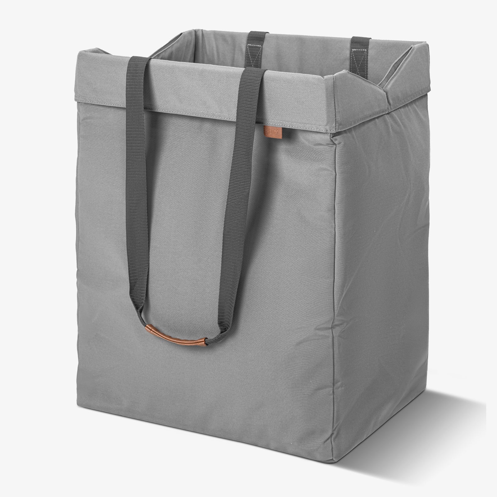 Gray tote bag with handles on a white background