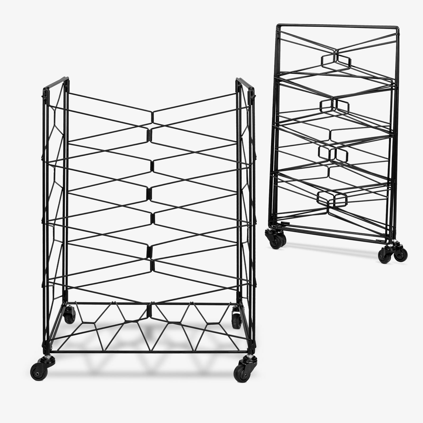 Black metal rolling rack on a white background