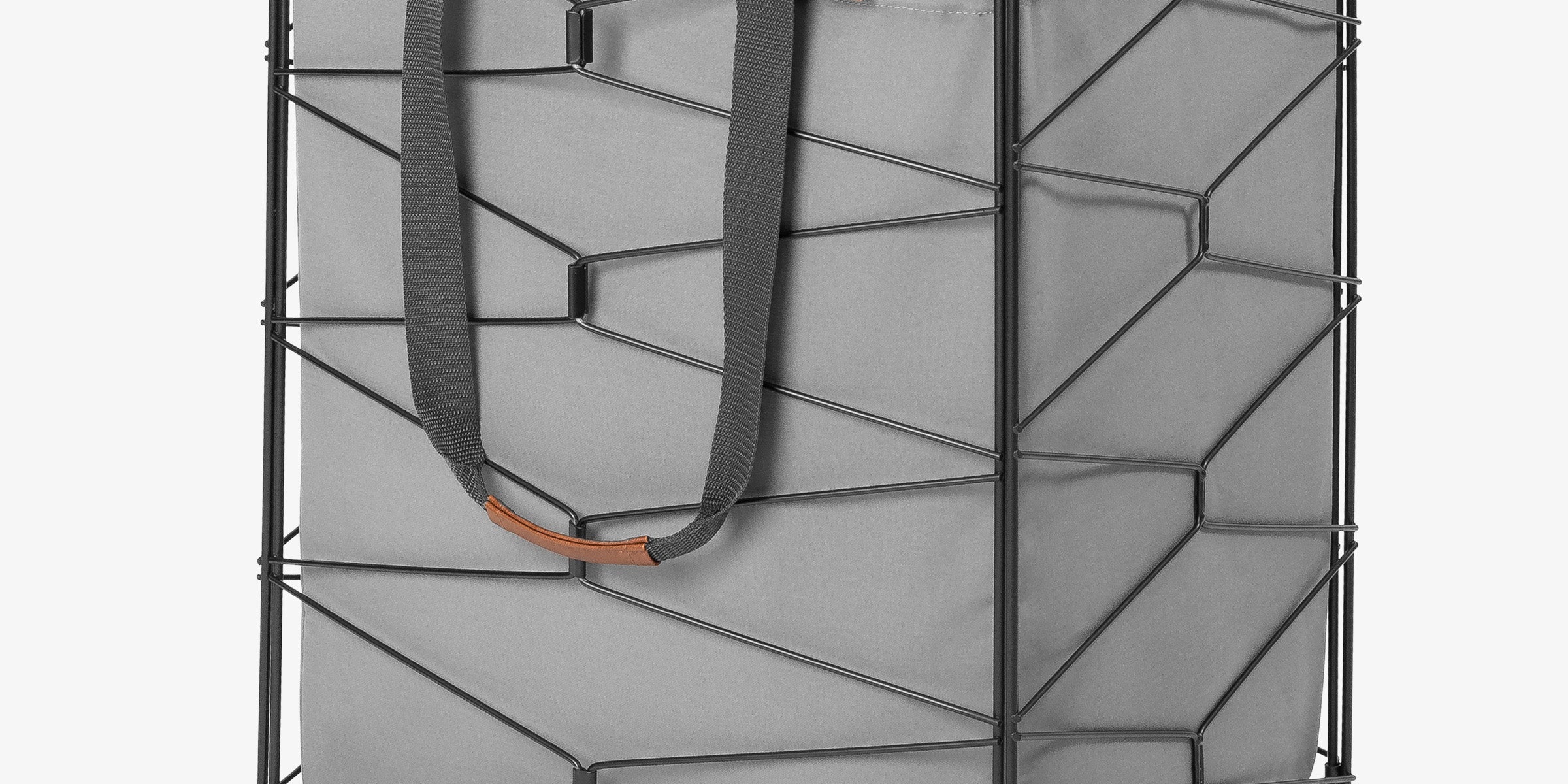 Gray laundry basket with geometric design and wheels on a white background