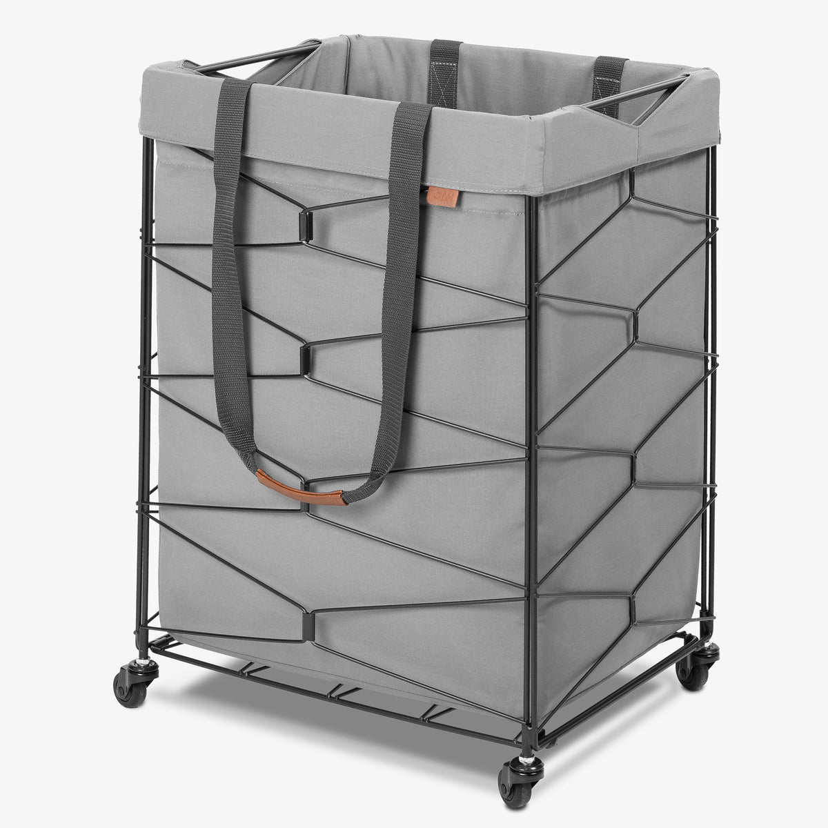 Gray laundry basket with geometric design and wheels on a white background