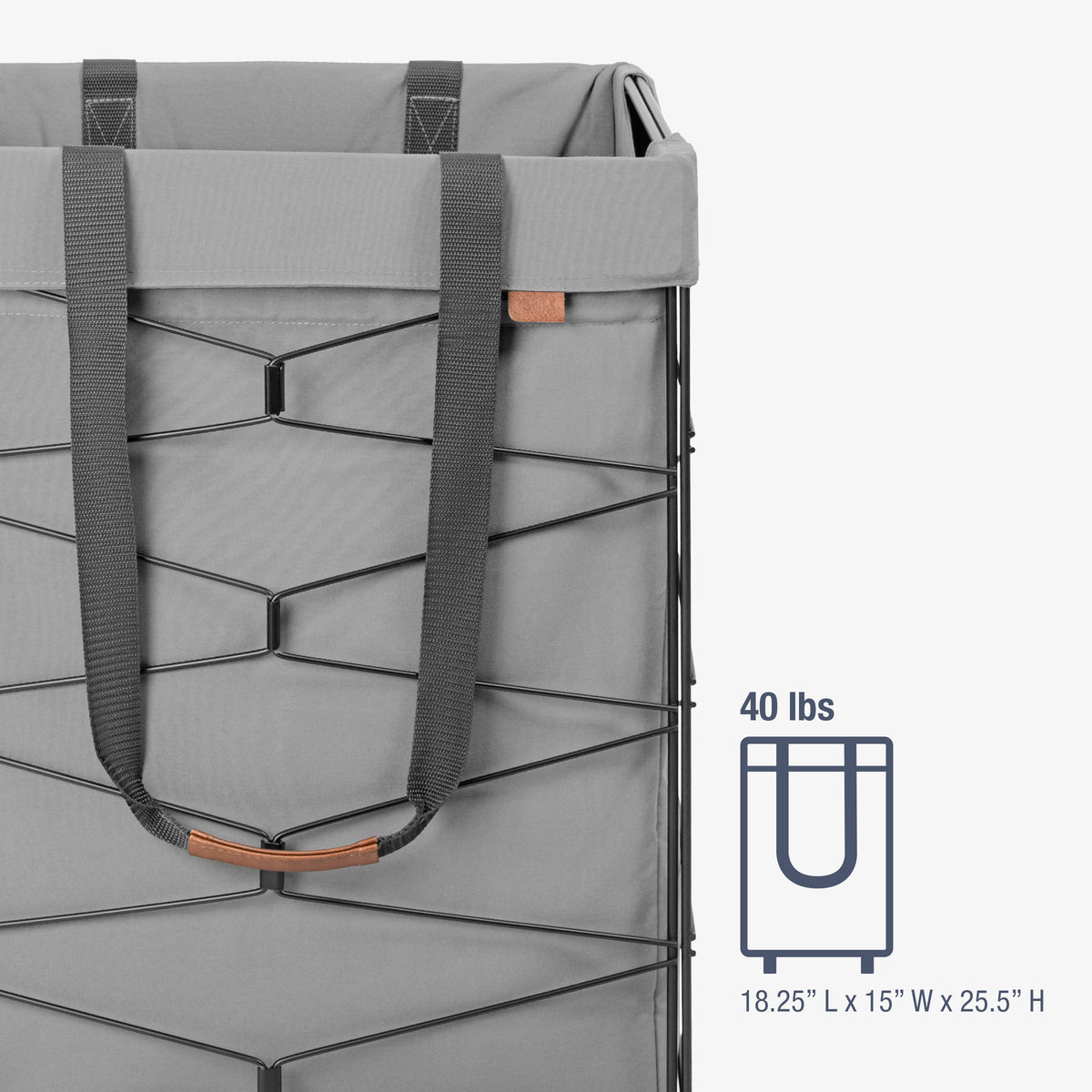 Gray storage bin with handles and dimensions displayed on a white background