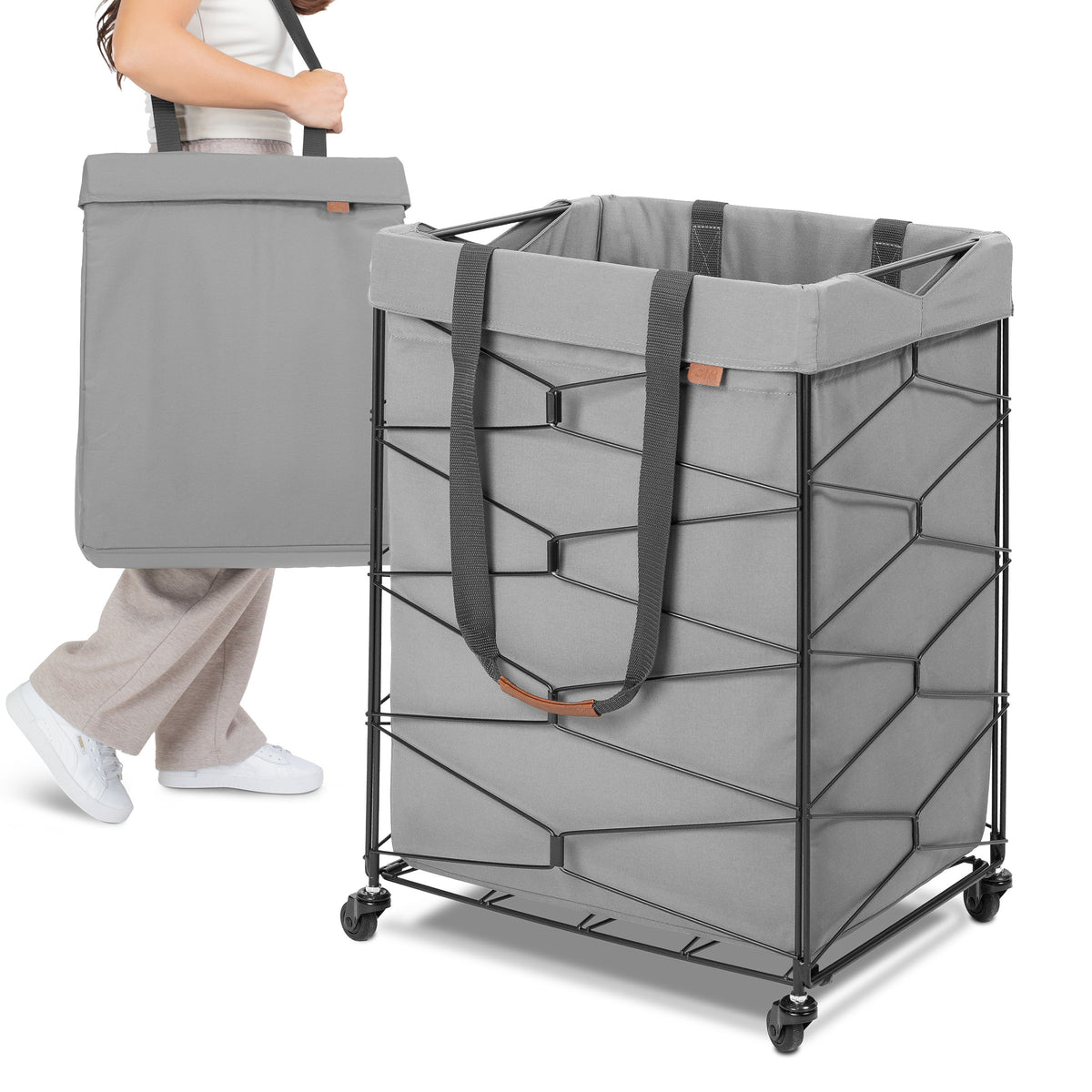 Person with a gray laundry cart with a large basket on wheels.