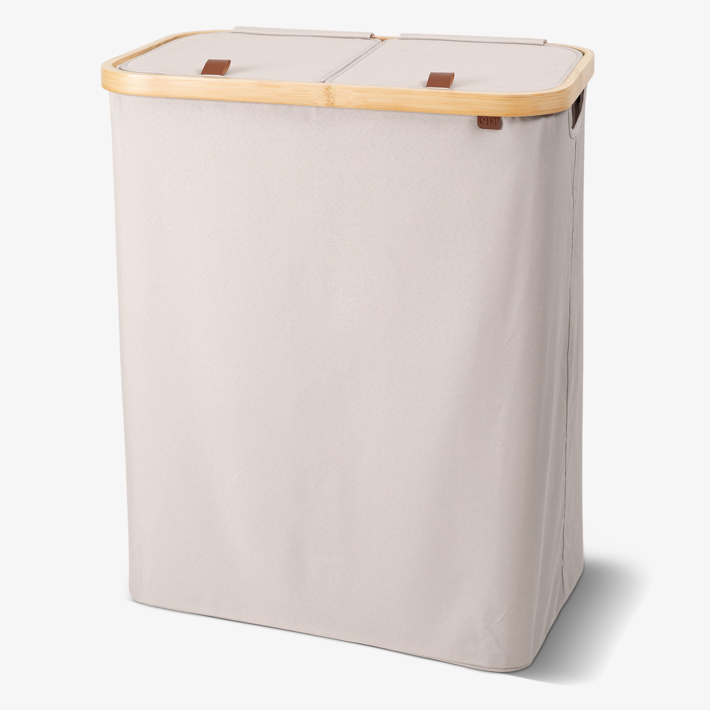 Cream double laundry basket with wooden handle on a white background