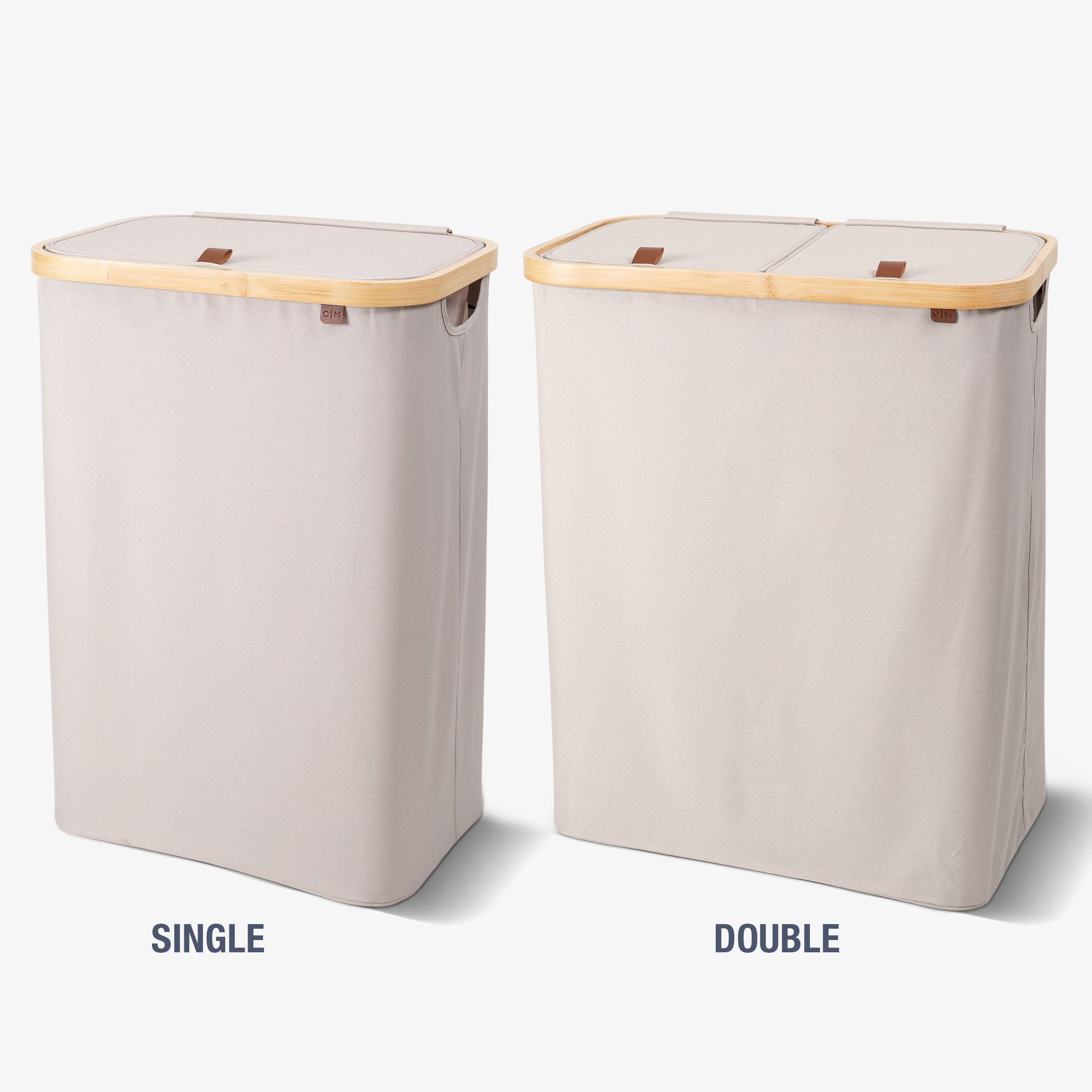 Two laundry baskets, one labeled 'Single' and one labeled 'Double', on a white background.
