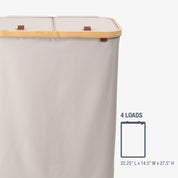 Beige laundry basket with wooden handle on a white background