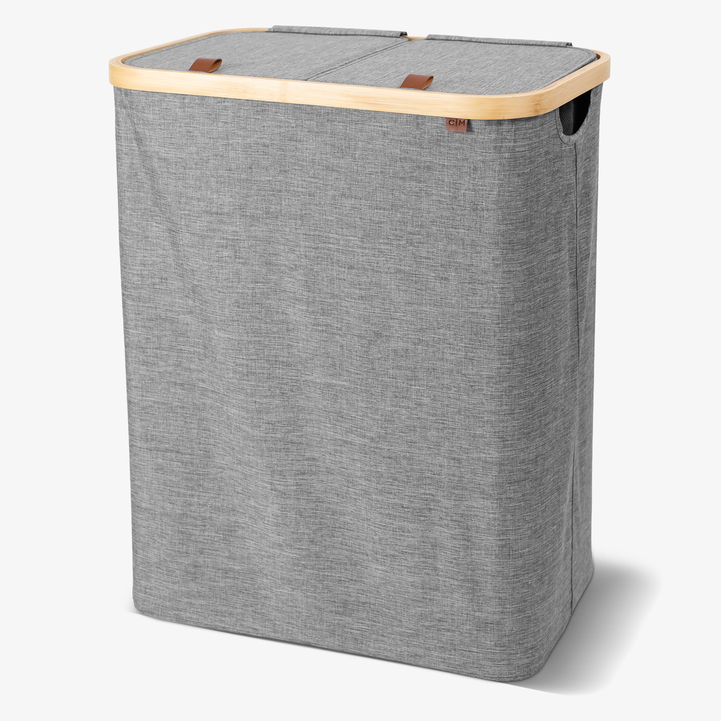 Gray laundry basket with wooden handle on a white background