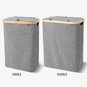 Two gray laundry baskets with wooden handles labeled 'Single' and 'Double' on a white background.