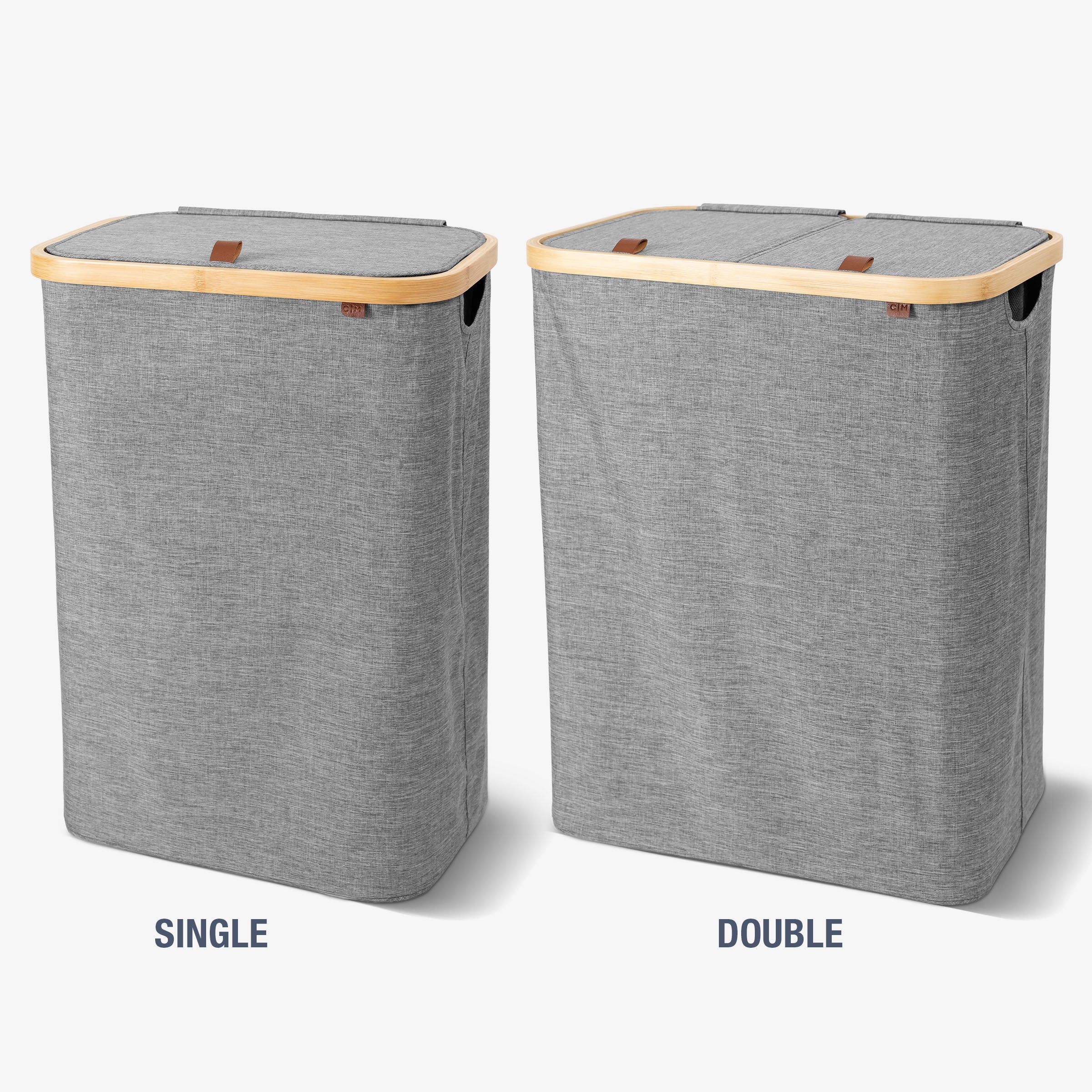 Two gray laundry baskets with wooden handles labeled 'Single' and 'Double' on a white background.
