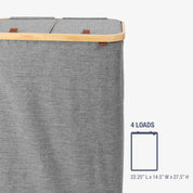 Gray laundry basket with wooden handle and measurement details on a white background