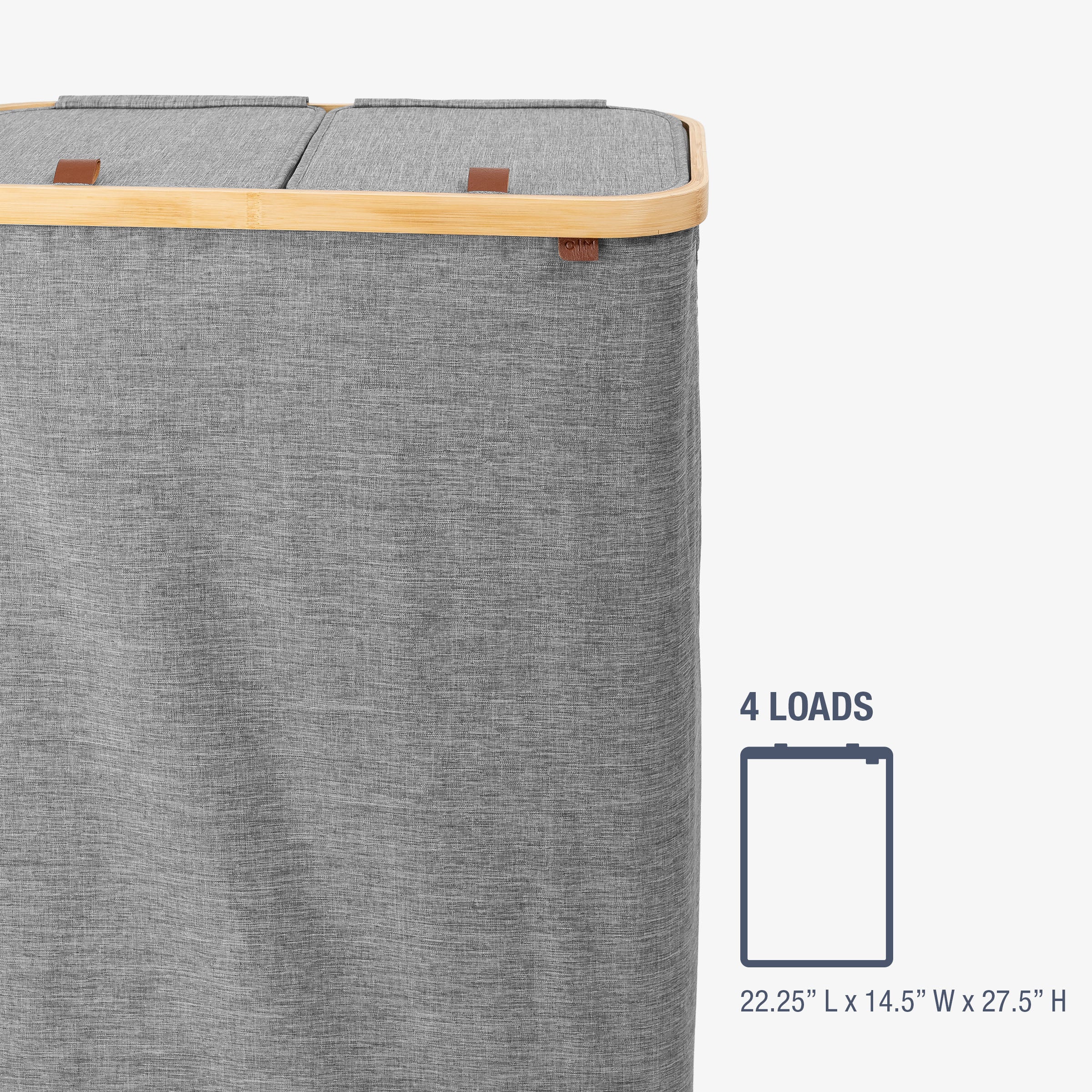 Gray laundry basket with wooden handle and measurement details on a white background