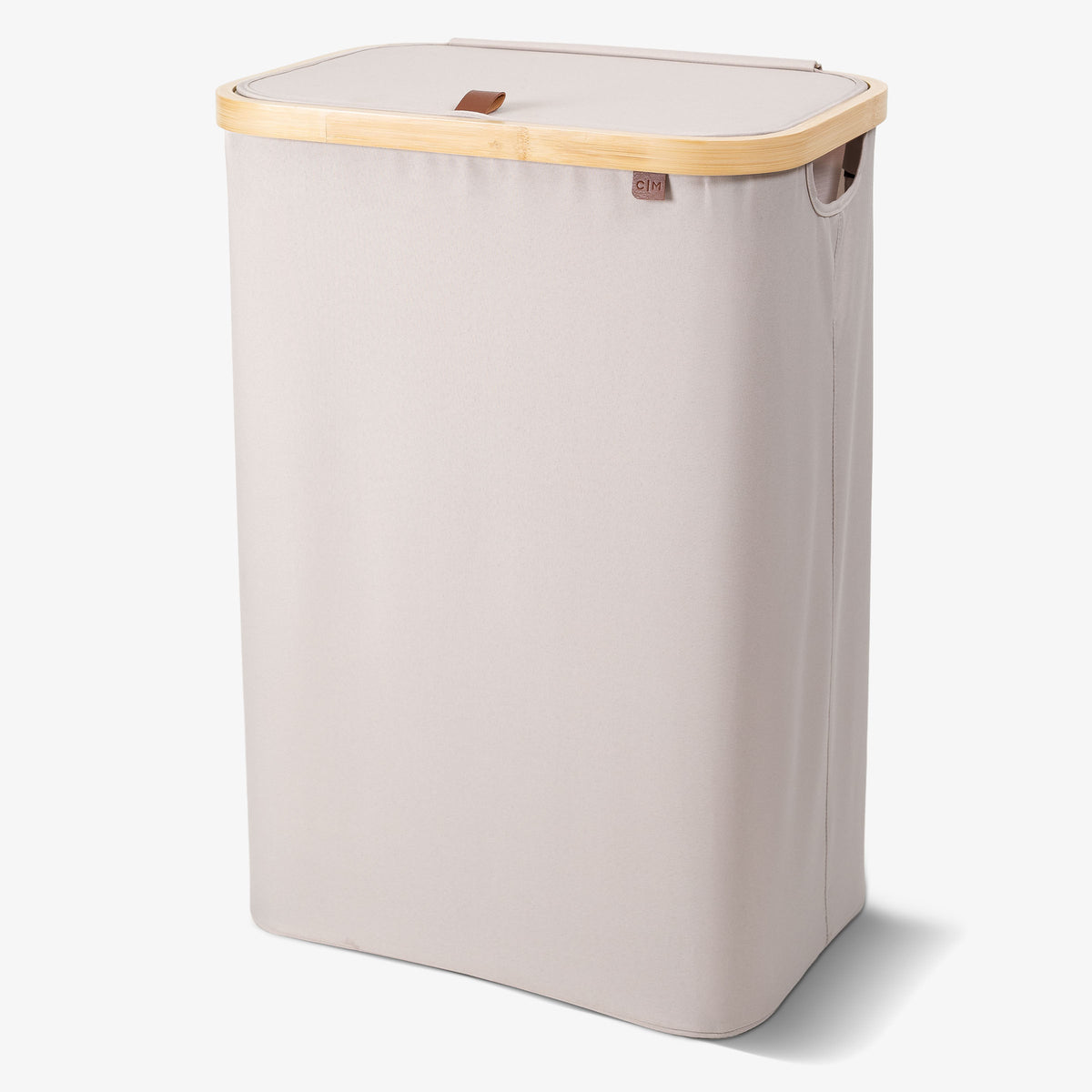 Cream laundry basket with wooden handle on a white background