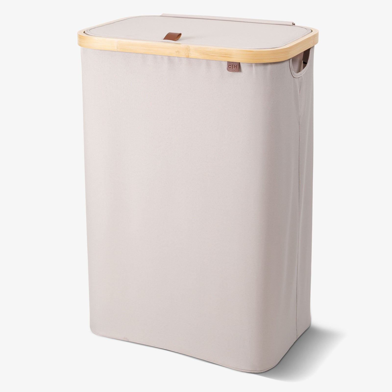 Cream laundry basket with wooden handle on a white background