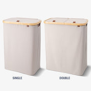 Two laundry baskets, one labeled 'Single' and one labeled 'Double', on a white background.