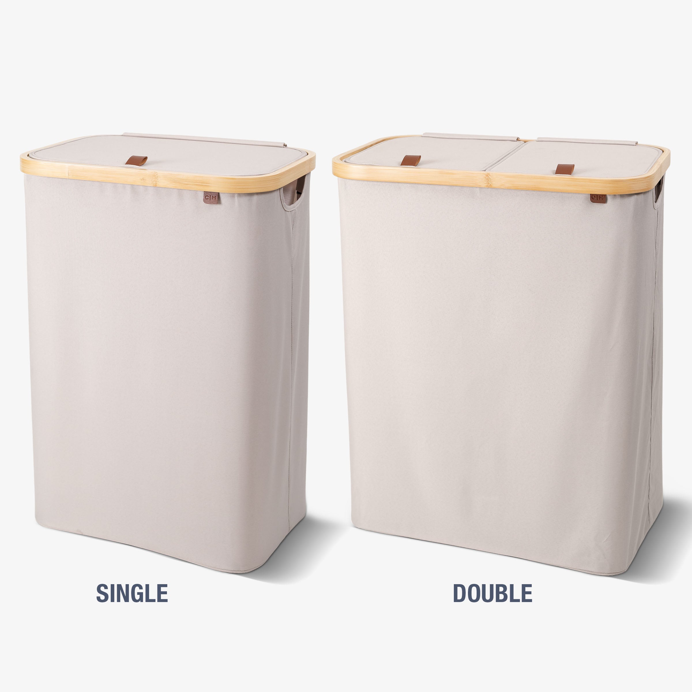 Two laundry baskets, one labeled 'Single' and one labeled 'Double', on a white background.