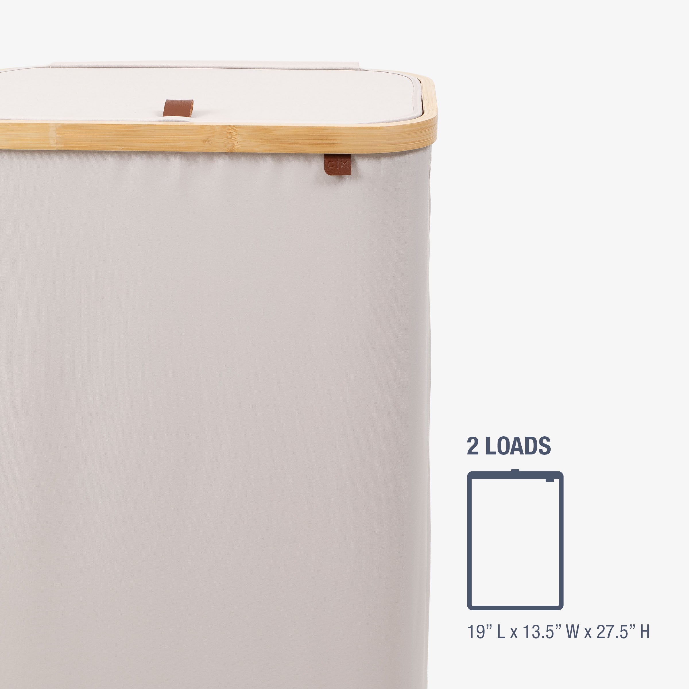 Cream laundry basket with wooden handle and dimensions on a white background