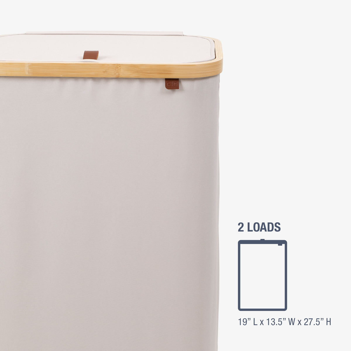 Cream laundry basket with wooden handle and dimensions on a white background