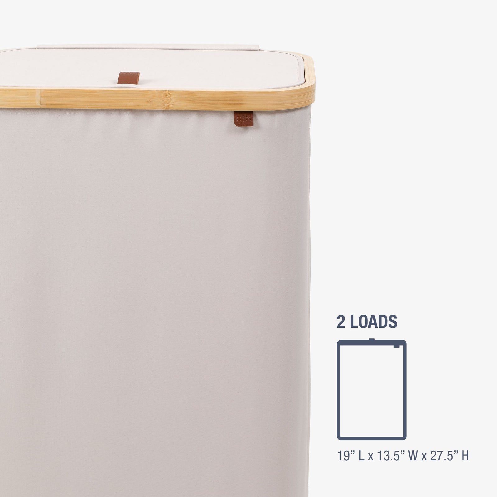 Cream laundry basket with wooden handle and dimensions on a white background