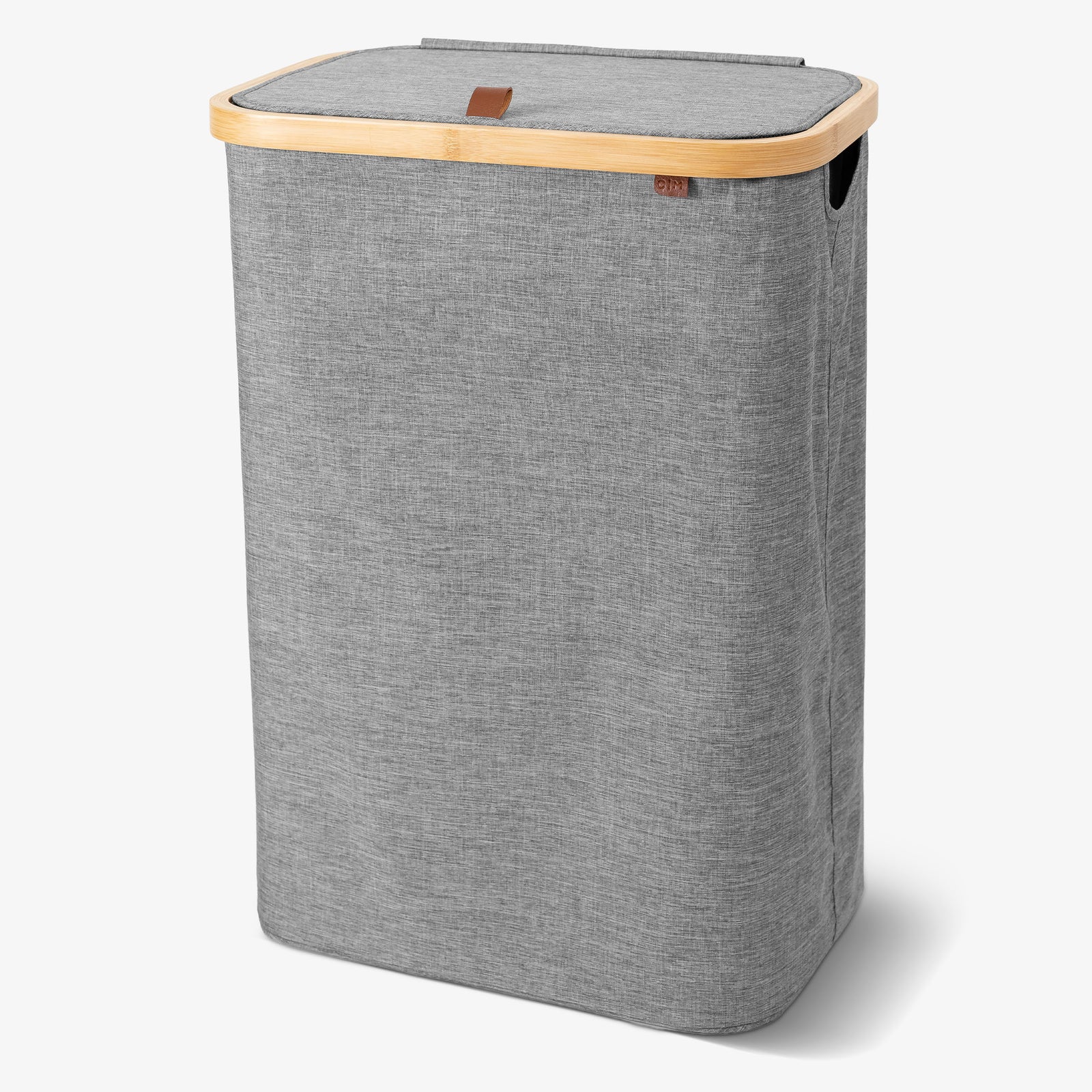 Gray laundry basket with wooden handle on a white background
