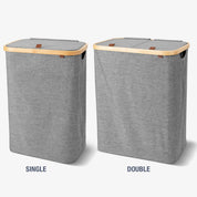 Two gray laundry baskets, one labeled 'Single' and one labeled 'Double', on a white background.