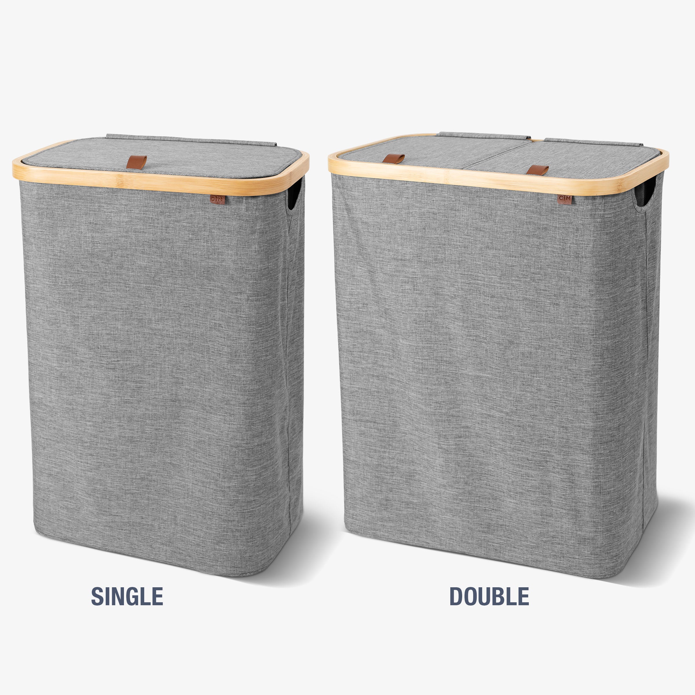 Two gray laundry baskets, one labeled 'Single' and one labeled 'Double', on a white background.