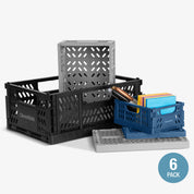 Set of mini collapsible storage crates in black, gray, and blue with 'CleverMade' branding on a white background.