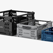 Three mini collapsible storage crates in black, gray, and blue on a white background with 'CleverMade' branding.