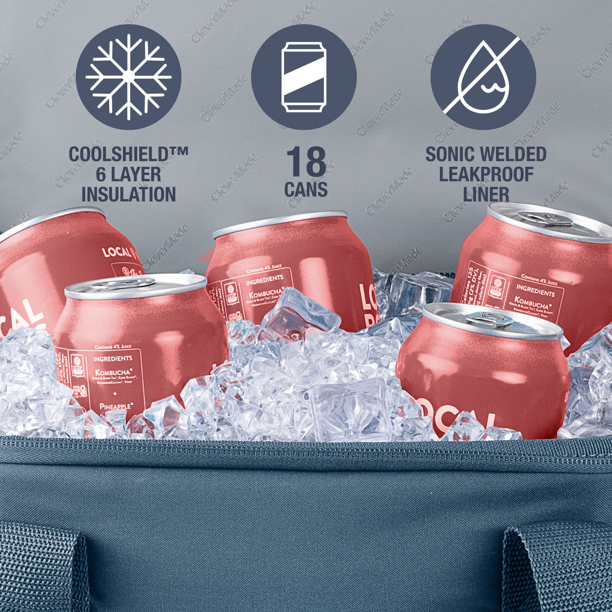 Red cans in a cooler with insulation features highlighted