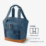 Blue cooler bag with brown bottom and carrying handles on a white background