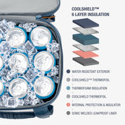 Cooler bag with 6-layer insulation system and cans inside, showing Coolshield™ technology.