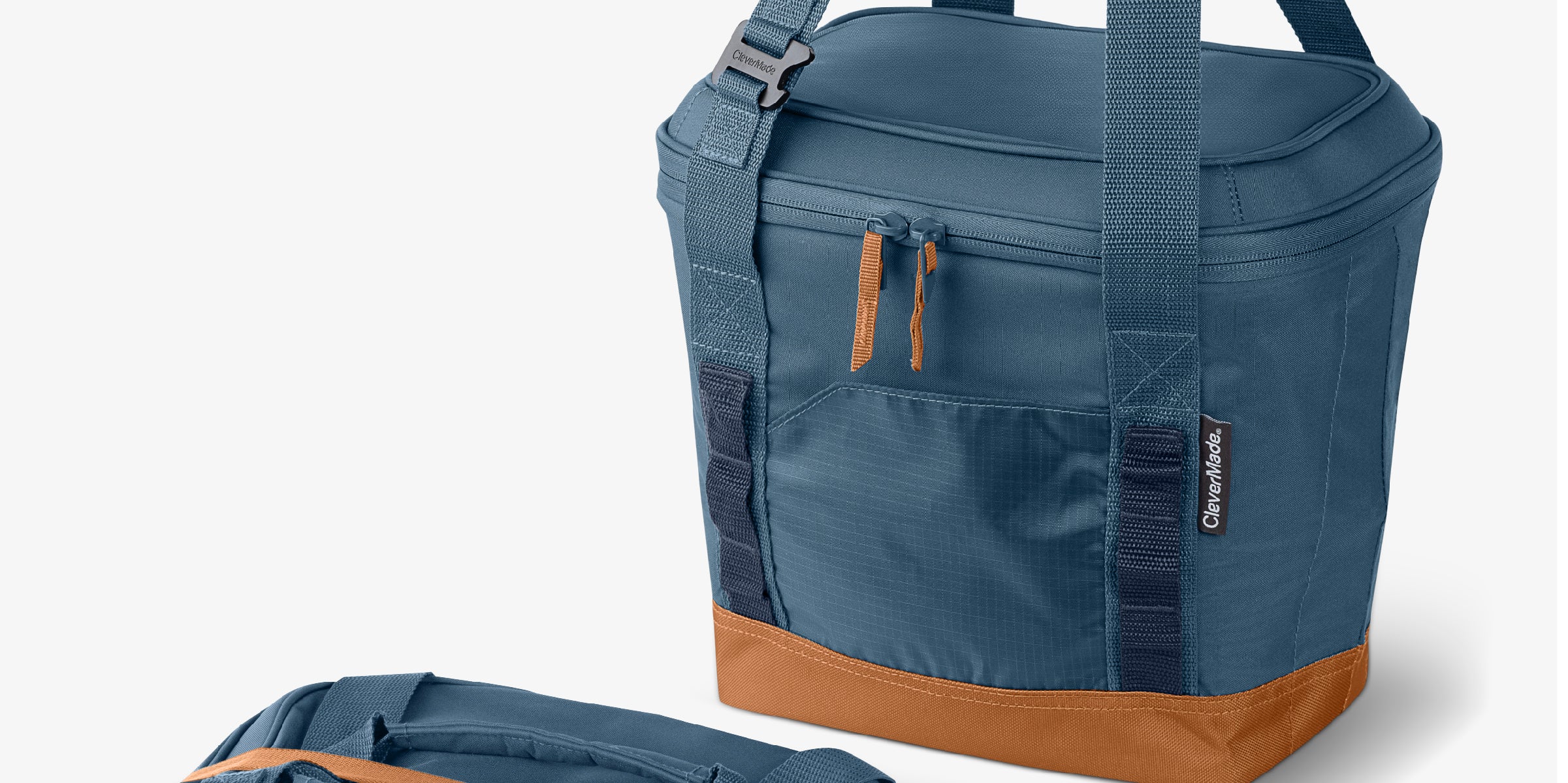 A collapsible cooler in blue color, shown both expanded and collapsed.