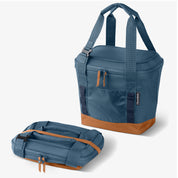 A collapsible cooler in blue color, shown both expanded and collapsed.