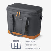 Gray cooler bag with brown bottom and orange zippers on a white background